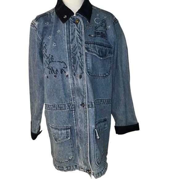 Christopher & Banks Denim and Corduroy  rustic holiday embroidered coat sz Med - Picture 1 of 9